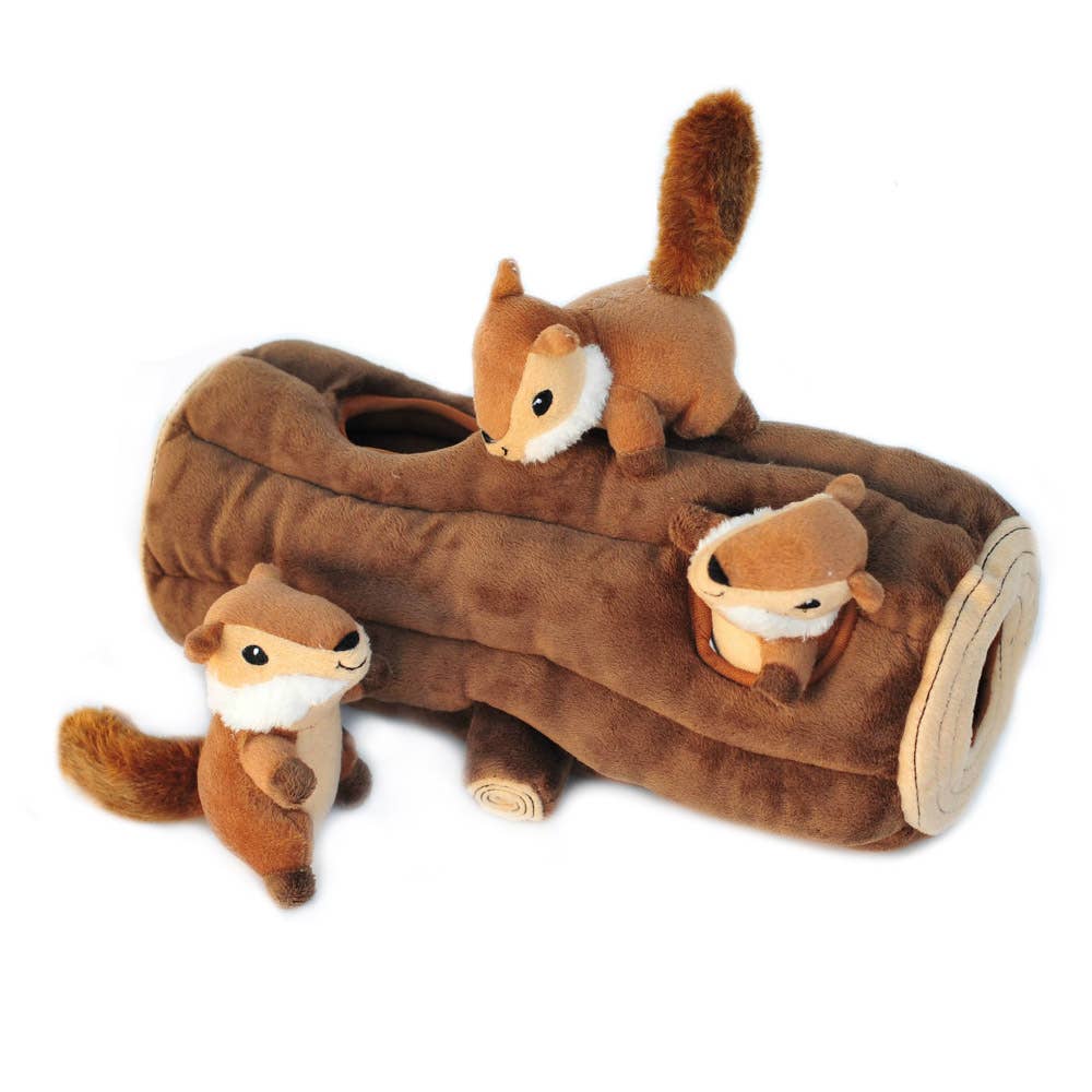 🐶 Zippy Burrow® Log with 3 Chipmunks - Interactive Plush Toy for Dogs