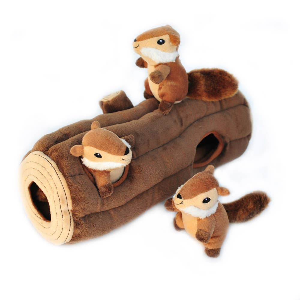 🐶 Zippy Burrow® Log with 3 Chipmunks - Interactive Plush Toy for Dogs