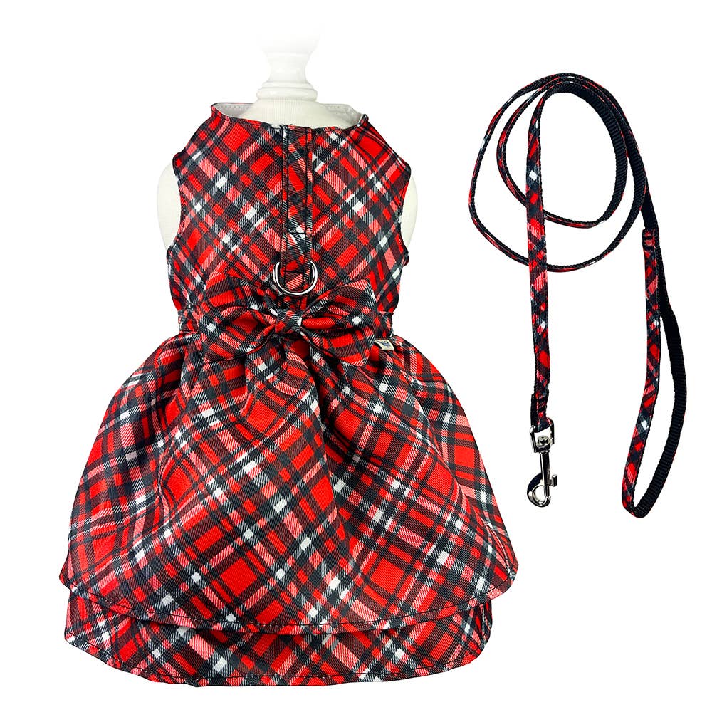 🐶 Red Plaid Harness Dress with Matching Leash for Dogs