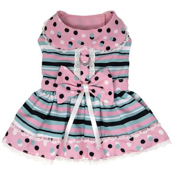 Dots & Stripes Harness Dog Dress - Pink & Teal