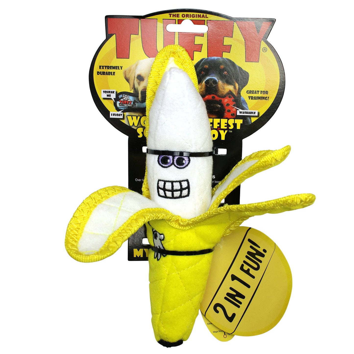 Tuffy Funny Food Banana, Durable, Squeaky Dog Toy 2-in-1