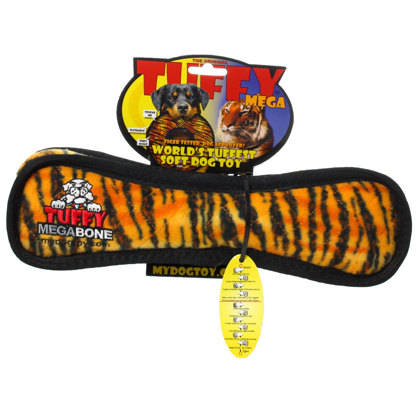 Tuffy Mega Bone Tiger, Durable, Tough, Squeaky Dog Toy