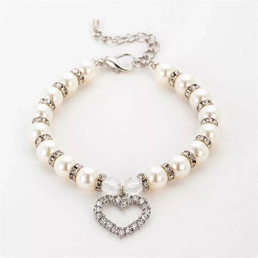 Heart and Pearl White Dog Necklace